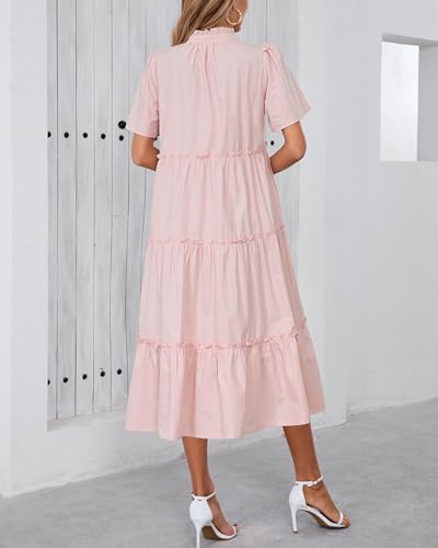 Image of YEXPINE Women's V Neck Tiered Midi Dress Casual Short Sleeve Ruffle Flowy Summer Beach Vacation Long Dress