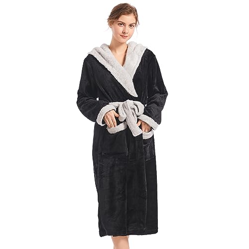 Image of Inner Wish Women Hooded Plush Robe, Fleece Highly Absorbent Cozy Warm Bathrobe