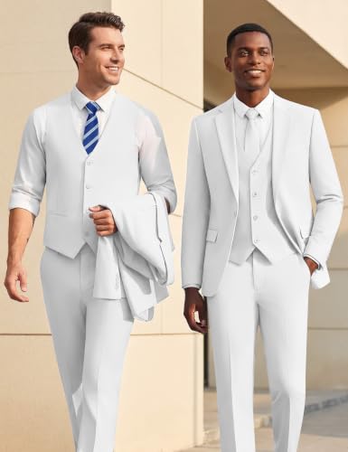Image of WULFUL Men's Slim Fit Suit One Button 3-Piece Blazer Dress Business Wedding Party Jacket Vest & Pant