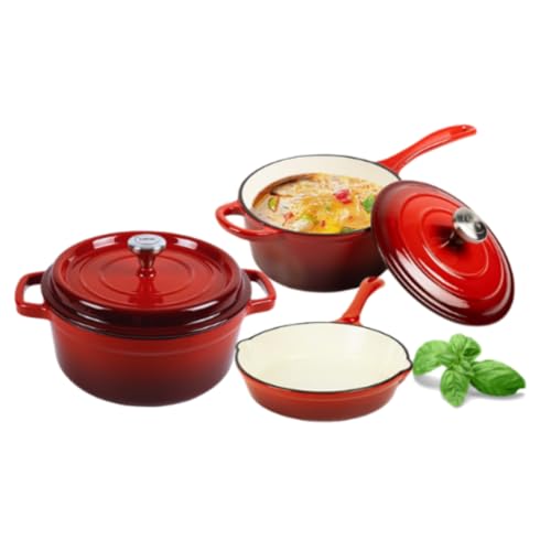 LUKIN Topfset Gusseisen emailliert | 5-teilig | Schmortopf & Stielkasserolle mit Deckel, Bratpfanne | für Induktion & alle Herdarten | backofenfest & hitzebeständig | rot, rund