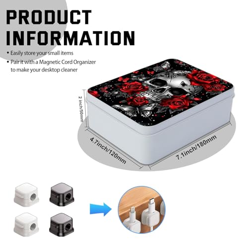 Image of Metal Tin Box with Lid,Multi-functional Storage Large Box Can Store Tea Biscuits Game Cards, Playing & Tarot Cards-Comes with 4 Magnetic Cord Clips,Skull Roses Butterfly