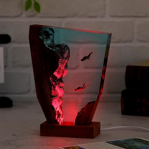 Image of Drawelry Ocean Creative Epoxy Resin Wood Light Lamp, Handmade Multi Color Aquatic Ocean Lamp Deep Sea Cave Diving Enthusiasts Led Night Light Desktop Decor Birthday Gift (Diving, M)
