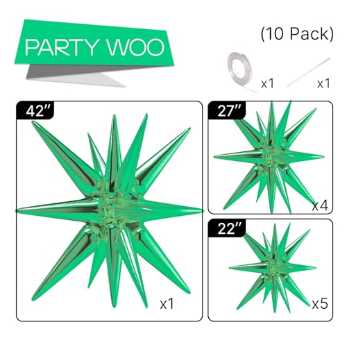 Image of PartyWoo Green Star Foil Balloons 10pcs Different Sizes Pack of 42 27 22 Inch Explosion Spike Mylar Balloons for Birthday Baby Shower Graduation Woodland Dinosaur Jungle Theme Party Decorations