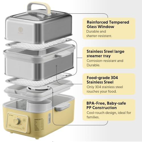Image of BUYDEEM G52 10.6Qt Electric Food Steamer for Cooking, Mellow Yellow | 1-4 People, 2-hour Keep Warm, 7 Preset Timings, Dual Boil-Dry Protection, Stainless Steel, Glass Lid, 2 Tier