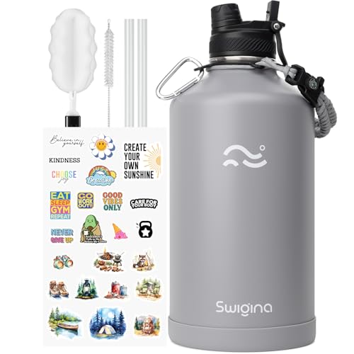 Image of Swigina [2-IN-1 LID] Gallon Insulated Water Bottle with Silicone Boot (48hrs Cold /24hrs Hot) - DIY Stickers, Leakproof, BPA Free, 128 oz