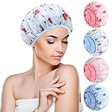 4 Pcs Terry Lined Shower Caps Reusable Bath Caps for Women Waterproof EVA Shower Caps Soft Bath Shower Caps for Hair Care Dry Hair Women Ladies Girls Spa Salon (Flower and Cherry)