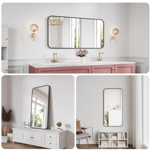 Koonmi Bathroom Mirror, 24X48 Brushed Black Metal Framed Wall-Mounted Mirror for Over Sink, HD Tempered Glass, Anti-Rust, Rounded Rectangle Mirror for Restroom, Bedroom, Hangs Horizontal or Vertical - Image 5