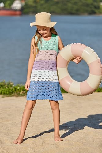 Image of Haloumoning Girls Color Block Crochet Knit Swim Cover up Kids Summer Sleeveless Beach Dress 5-14 Years