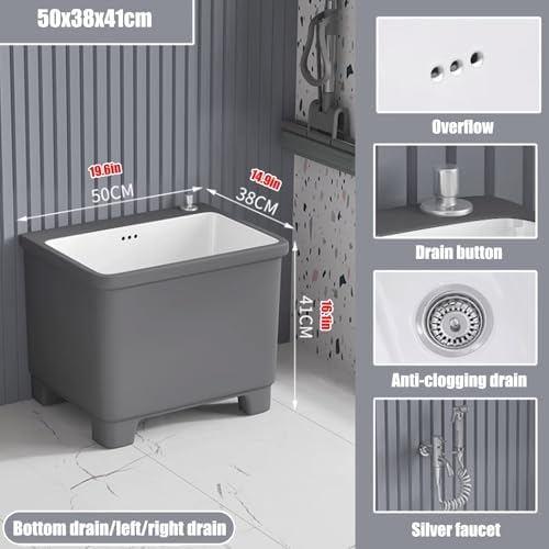 Commercial Ceramic Mop Sink with Faucet, Utility Mop Service Basin for Laundry Room & Bathroom, 45x38x41cm, Button Drainage, Durable Floor Mop Sink