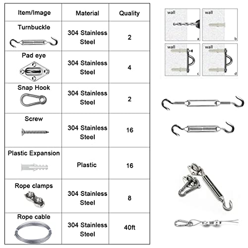 Sun Shade Hardware Kit For Rectangle And Square Sun Shade Sails Installation,5 Inch Heavy Duty Anti-Rust Sail Shade Hardware Kit With 50 Ft Cable Wire Ropes #TOP4