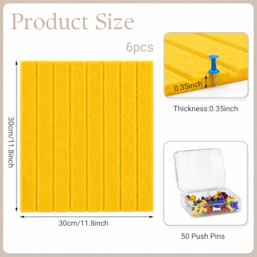 Image of QUIET CANVAS Acoustic Wall Slat Pinboard, 1x1ft, Pack 6, 50 PushPins Yellow