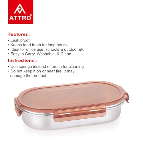 Image of Attro Steelox Oval Stainless Steel Container with Plastic Seal Lid BPA Free Food Grade Leak-Proof Ideal for School, Office & Outdoor Lunch Pack - 540ml Brown