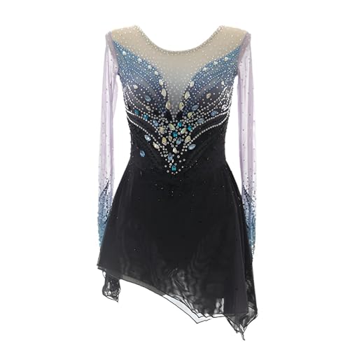 Girls' Long Sleeves Figure Skating Dress with Diamonds, Women's Competition Ice Skating Dress, Customizable(Large) Black