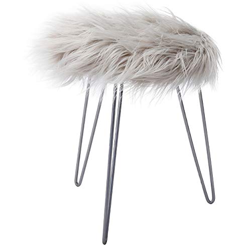 Birdrock Home Round Faux Fur Foot Stool Ottoman - Grey With Silver Legs - Soft Compact Padded Vanity Seat - Bedroom Kids Room Chair - Hair Pin Metal Legs - Fluffy Makeup Seat #TOP6