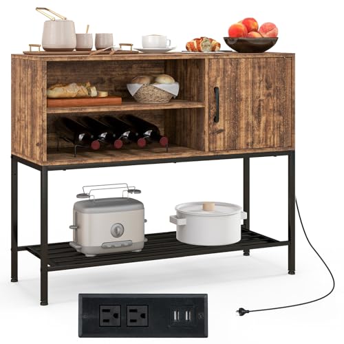Image of Giantex Buffet Cabinet with Power Outlets & USB Ports, Wood Coffee Bar Cabinet with 4 Bottle Wine Rack, Shelves, Kitchen Sideboard for Living Room Entryway (Rustic Brown & Black)