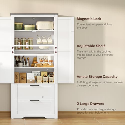 TEENFON 66.2" H Pantry Cabinet, Farmhouse Kitchen Pantry Cabinet with 2 Drawers & Adjustable Shelf, Bathroom Storage Cabinet, for Living Room, Kitchen, Bathroom, White - 3