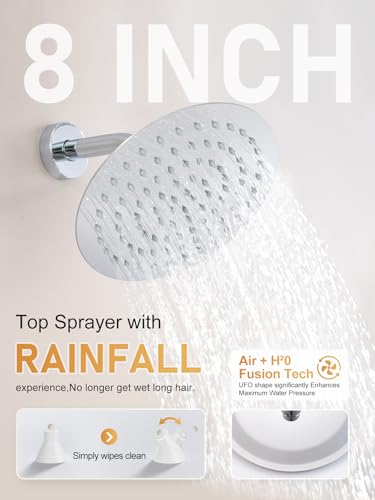 Image of Woindo Shower Faucet Set 10 inch Rain Shower Head /8'' Side Shower Head and 3 Setting Handheld Ceiling Mount 3 Push Button Diverter Complete Rainfall Round Shower System Included Valve Trim Kit