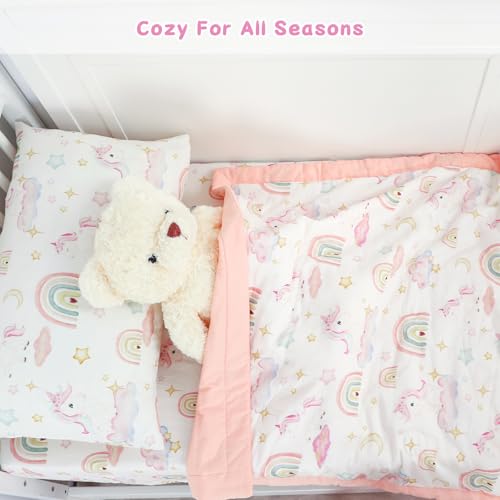 Image of Pea Pod Muslin Toddler Bedding Set 3-Piece - Soft Breathable Crib Bedding with Fitted Sheet, Quilt & Pillowcase for Infant & Kids Bed | Machine Washable Nursery Bed Set, Unicorn Rainbow
