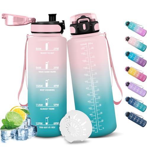 HoneyHolly Botella Agua, Motivacional 1,5 Litro, Cantimplora Gimnasio, Marcador de Tiempo, Cantimplora, Prueba de Fugas, Botella de Agua, Reutilizable, Water Bottle para Escuela Camping Fitness