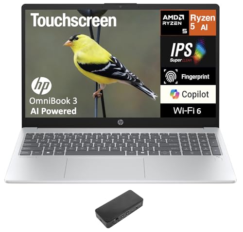 Image of HP OmniBook 3 AI Powered Laptop 15.6 inch Touchscreen IPS FHD Display (AMD Ryzen AI 5 330, 64GB DDR5, 4TB PCIe SSD, AMD Radeon 820M, Fingerprint, WiFi 6, Webcam, Bluetooth 5.4, Win 11 Home) w /USB-C Dock