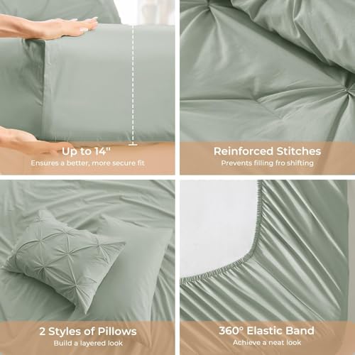 Image of Sasttie Queen Comforter Set, 7-Piece Bed in a Bag, Pintuck Bedding Set for All Season, Includes Comforter, Flat Sheet, Fitted Sheet, Pillowcases and Pillowshams, Dusty Green