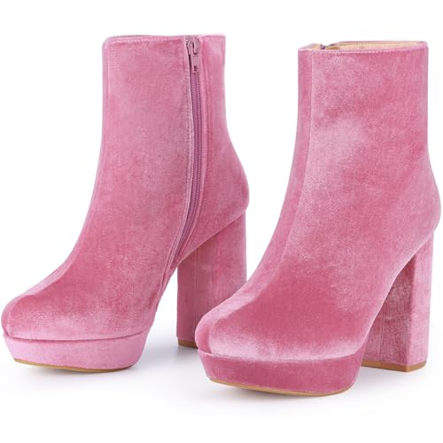 Allegra K Women's Platform Block Heels Faux Velvet Ankle Boots