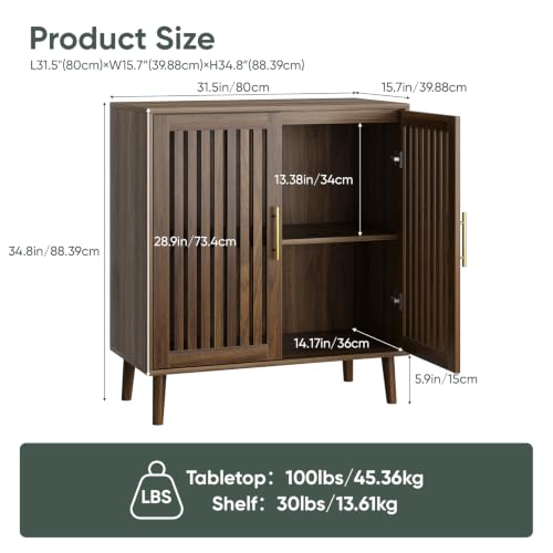 Image of Smart FENDEE Sideboard Cabinet, 31.5 inch W Farmhouse Buffet Cabinet with Slatted Doors & Adjustable Shelf, Wood Coffee Bar Storage Station for Kitchen, Dining Room, Living Room, Entryway, Walnut Color