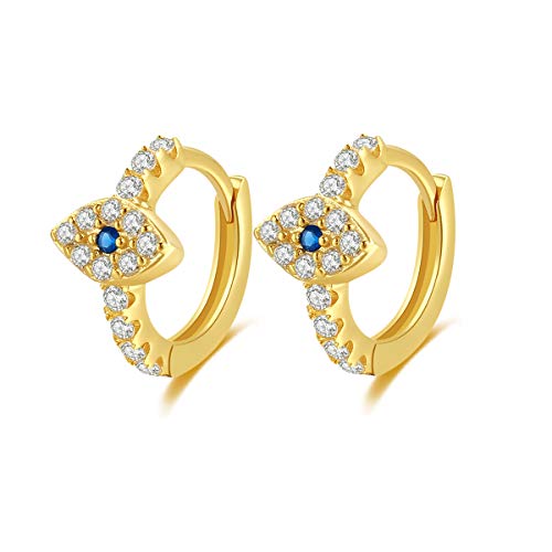 Evil Eye Huggie Hoop Earrings, 14k Gold Plated 925 Sterling Silver, Small Blue CZ Evil Eye Charm Ear Cuff for Women (Gold)