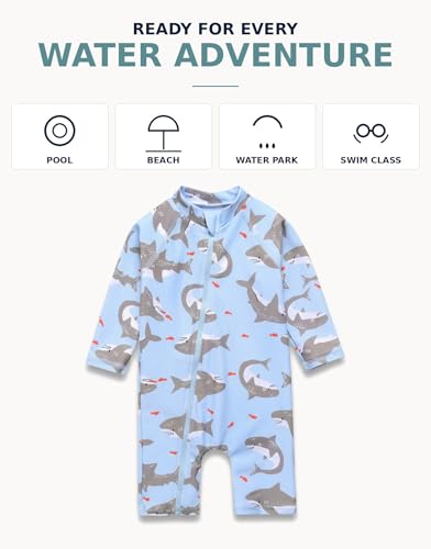Image of VAENAIT BABY Zip & Snap Rash Guard Swimsuit, UPF 50+ One-Piece Long Sleeve Swimwear, Quick Dry Infant Beach Suit for 0~2T