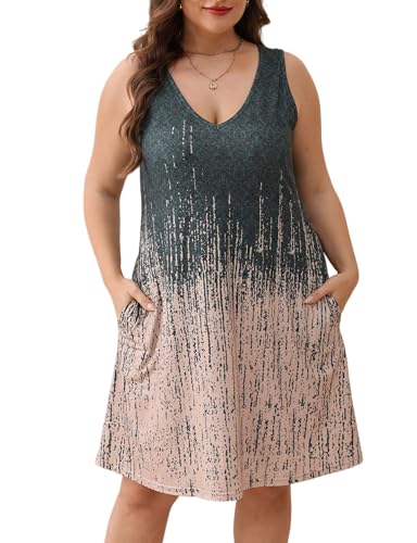 Image of Women Plus Size V Neck Sleeveless Floral Print Pocket T Shirt Dresses Casual Midi Tank Dress Beach Cover up Sundress (XL-5X)