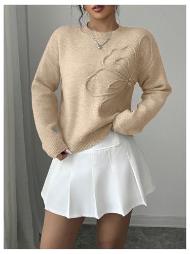 Image of RoseSeek Women's 3D Floral Appliques Crewneck Sweaters Long Sleeve Drop Shoulder Pullovers Elegant Knit Tops
