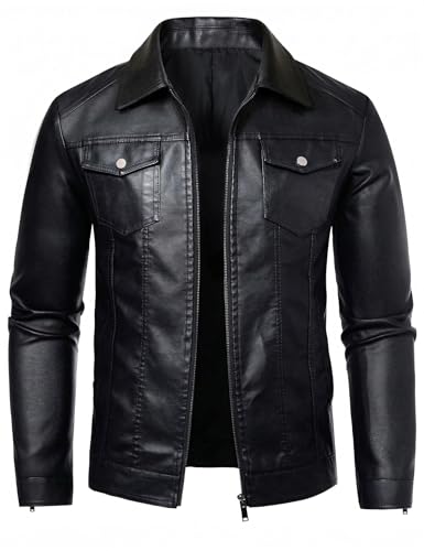 Zbrandy Black Leather Jacket Men Faux Leather Jackets Motorcycle Jacket Casual Zip Up with Turn-Down Collar Biker Outerwear Coat M