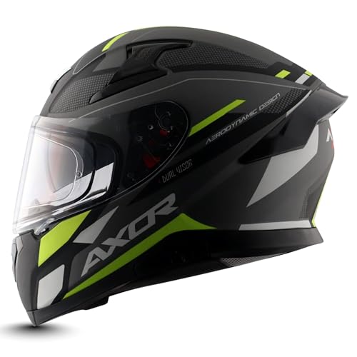 Image of Axor Apex Turbine ISI ECE DOT Certified Full Face Dual Visor Helmet for Men and Women with Pinlock Fitted Outer Clear Visor and Inner Smoke Sun Visor Black Neon Grey Helmet-L
