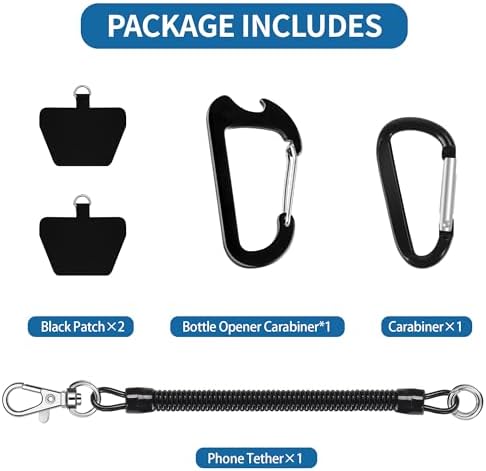 Doormoon Phone Lanyard Tether with Patch*2, Carabiner*1, Bottle Opener Carabiner*1, Stretchy iPhone Lanyard Anti Theft Phone Strap for Anti-Drop Outdoor Compatible for iPhone Most Smartphones, Black