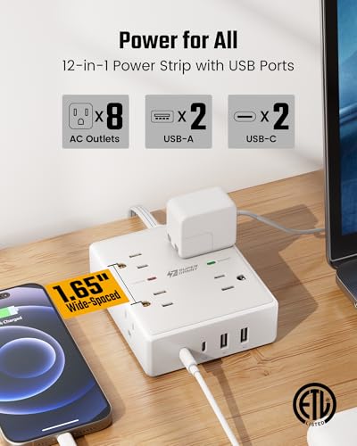 undefined 10Ft Extension Cord with Multiple Outlets, Flat Plug Surge Protector Power Strip 10 Ft Long Cord, 8 Outlets & 4 USB Ports (2 USB C), Desk Charging Station for Home Office, College Dorm Room Essentials の商品画像 2