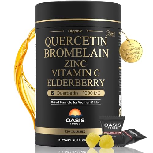 8-in-1 Quercetin with Bromelain Gummies 1000mg High Potency Organic Quercetin Supplement with Zinc & Vitamin C Elderberry Seasonal Wellness & Immune Support Vegan Sugar Free 120 Gummies