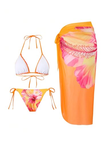 SOLY HUX Women's Bathing Suits 3 Piece Swimsuits Floral Halter High Cut Bikini Set with Mesh Coverup Wrap Skirts2