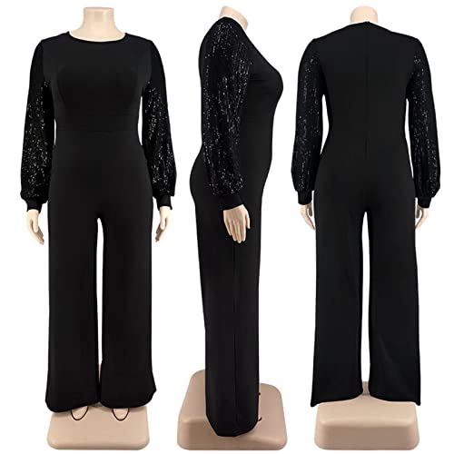 Womens Plus Size Jumpsuits Elegant Sequin Loose Long Wide Leg Jumpsuits Romper Black 4X #TOP3
