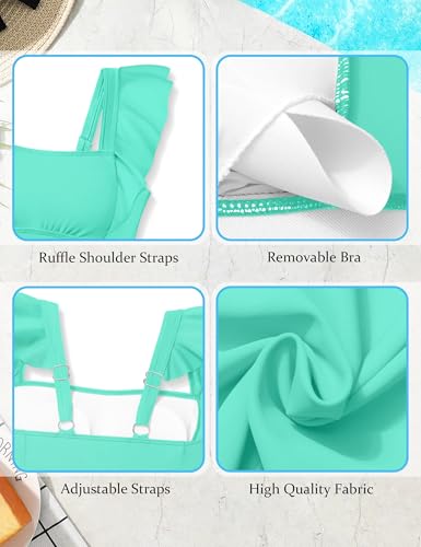 Image of Qaoerde Girls One Piece Swimsuits Ruffle Solid Color Bathing Suit for 9-16Y | Adjustable Straps, Ruched, Padded