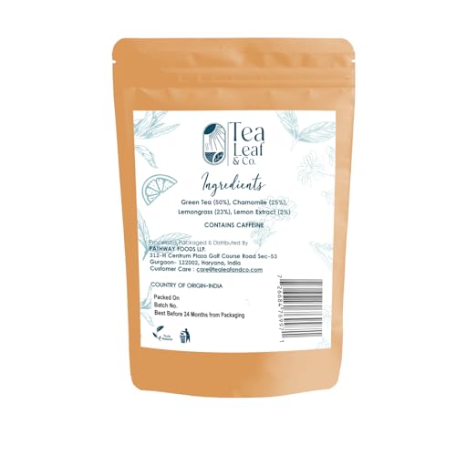 Image of Tealeaf & Co. Chamomile Green Tea Loose Leaf with Lemon Extract and Lemongrass - Chamomile Tea - Contains Low Caffeine - Upto 50 Servings - Gluten Free (3.52oz /100gm)