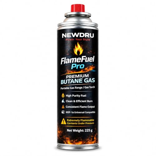 Image of NEWDRU FlameFuel Pro Butane Gas Canister - 1 Can (225g) | MSF-1a Universal Fit with Adapter | High-Pressure Clean-Burn Fuel for Camping Stove, Portable Cooker, Welding Torch & Lighter