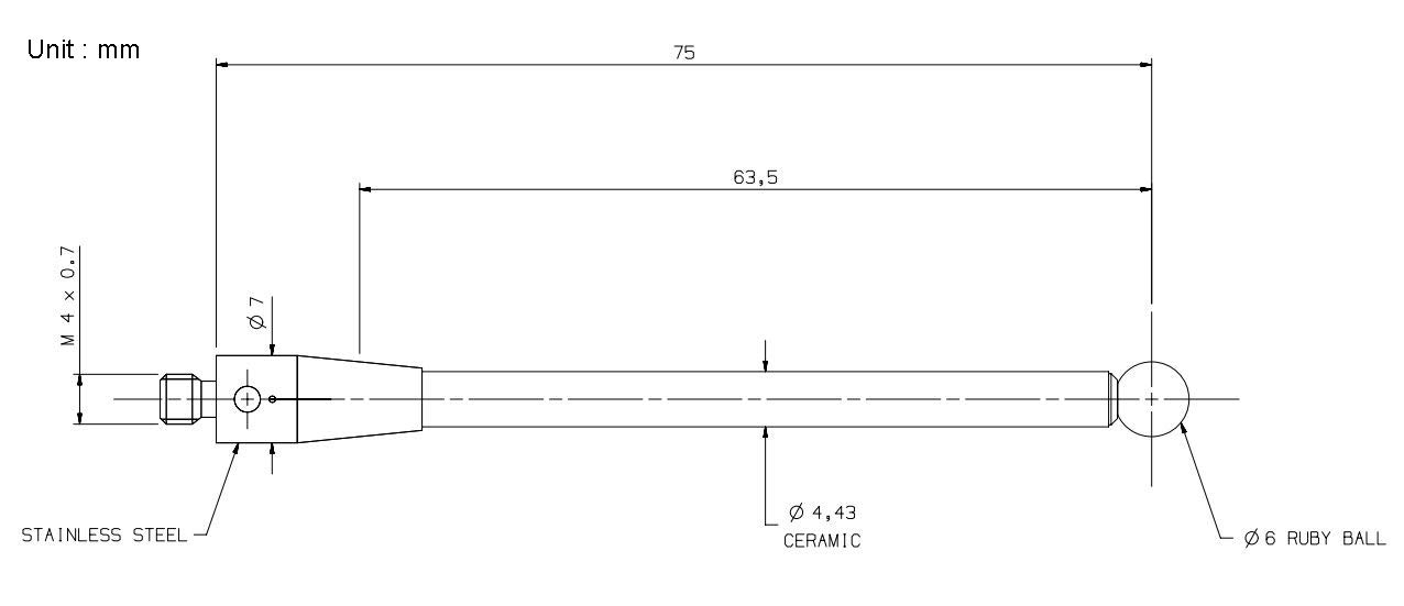 CMM Touch Probe Stylus Ceramic Stem M4 Thread 6mm Diameter Ruby Ball Tip 75mm Long A-5003-2764 (M4*D6*L75)