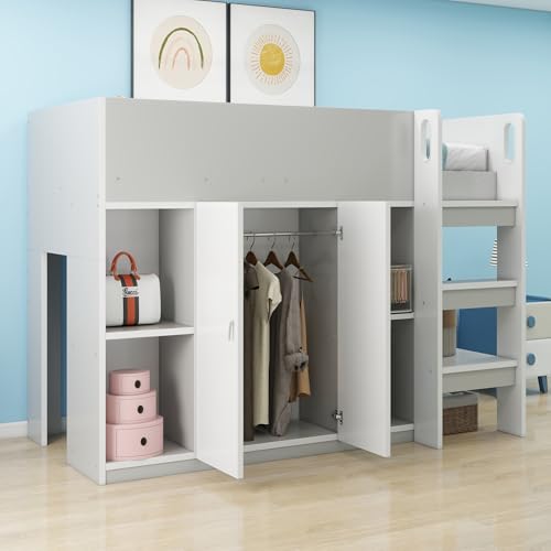 Moimhear Cama alta multifuncional, 90 x 200 cm, con espacio de almacenamiento, armario y estanterías, cuna con escalera y construcción estable (gris)