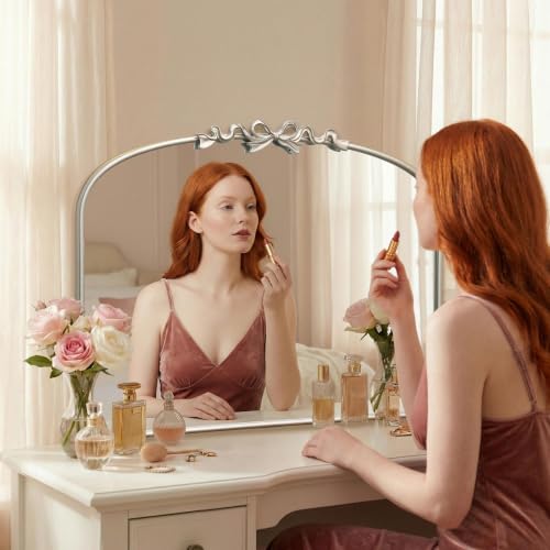 Image of Besdomus Vintage Arched Large Mirror: 36 inchx29 inch Silver Bow Decorative Mirror | French Baroque Metal Framed - Traditional Ornate for Entryway /Fireplace /Bathroom /Living Room - Ideal for Home Renovations
