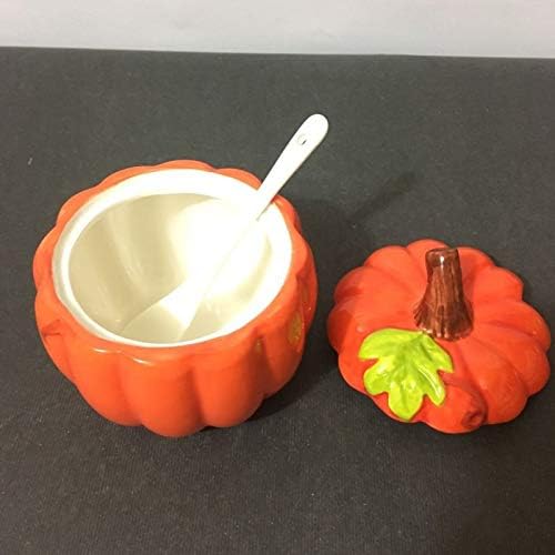 Miniatura 4 de Tazón de azúcar de calabaza de alivio de cerámica pintado a mano olla de condimento con tapa cuchara