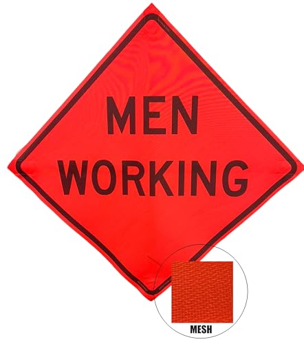 Image of OrangeGear 36 inchx36 inch Men Working Mesh Sign & Steel Spring Stand | MUTCD TTC compliant orange mesh roll-up sign kit with fiberglass cross ribs and single-spring steel stand.