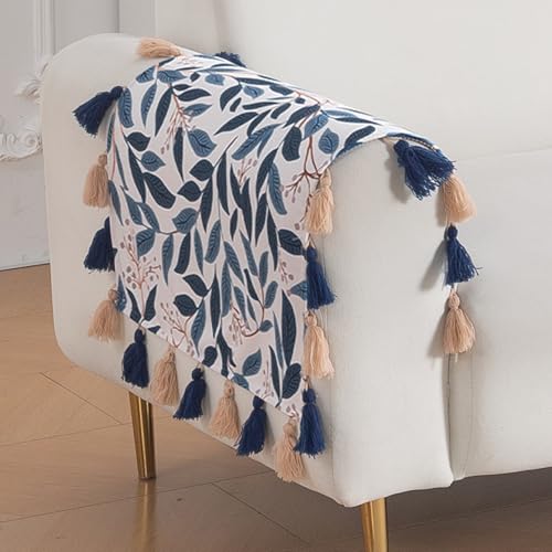 Image of HOKIPO Premium Sofa Armrest Cover (1 Pair) | Printed Holland Velvet with Tassels | 'Whispers of Nature' Indigo Foliage (IN-1115-D10*2SM)