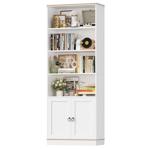 HOCSOK 188 cm Hoch Bücherregal, Standregal Regal mit 7 Ebenen, Bücherschrank mit Natürliche Holzmaserung, Aufbewahrungsregal für Arbeitszimmer, Büro, Wohnzimmer, 188×60×30 cm, Weiß