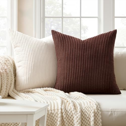 Image of Topfinel Gold Brown Throw Pillow Covers Rustic Modern Soft Corduroy Striped Decorative Cushion Cover 16x16 Inch Gradient Farmhouse Pillow Case Set of 4 for Sofa Couch Living Room Bedroom