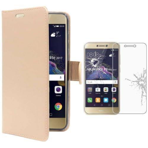 ebestStar - Cover Compatibile con Huawei P8 Lite (2017) Custodia Portafoglio Pelle PU Protezione Libro Flip, Dorato + Pellicola Vetro Temperato [Apparecchio: 147.2 x 72.9 x 7.6mm, 5.2'']